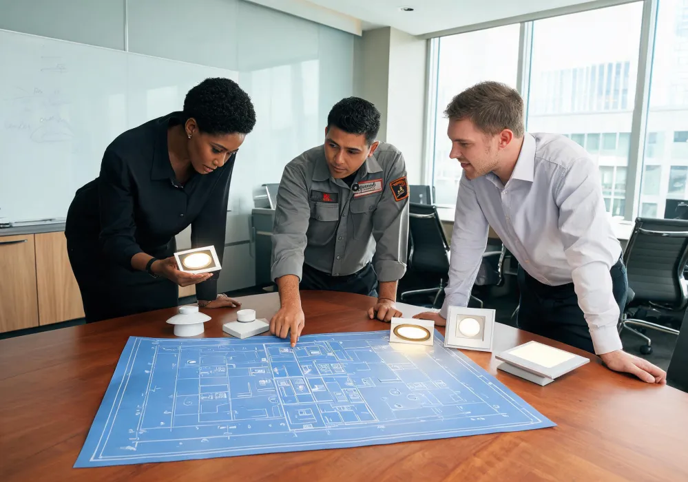 Lighting specialists and contractors reviewing a ceiling plan